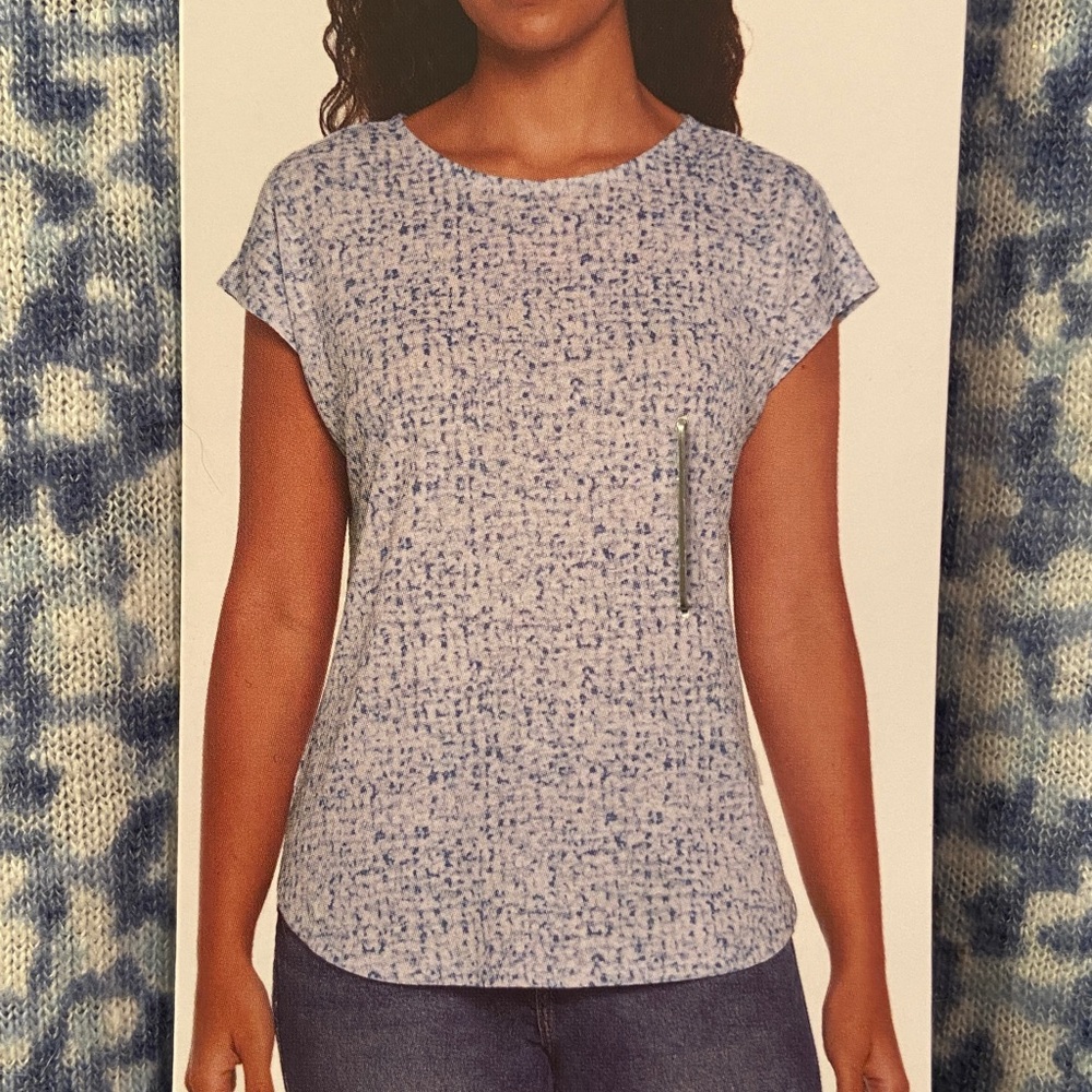 NWT Orvis Jersey Top Short Sleeve Blue White Print Rounded Neckline WM SZ M